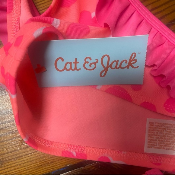 Cat & Jack Girls' One Shoulder Ruffle Bikini Set Size 12M Pink Hearts Swimsuit - Picture 6 of 10